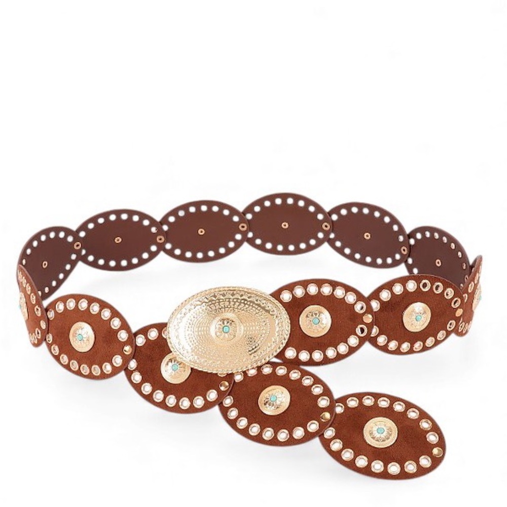 Plus Size Brown Leather w/ Gold Accents Concho Statement Belt - Picture 5 of 7